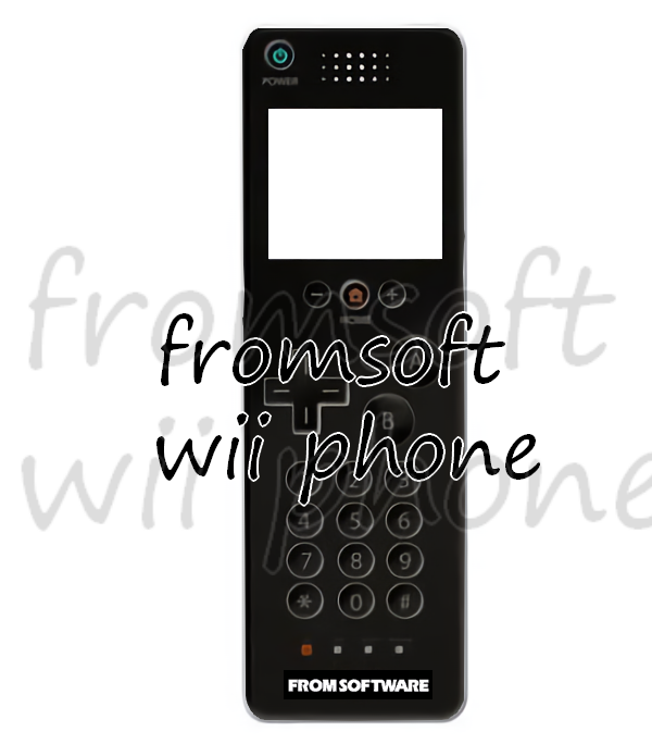 wii remote shaped mobile phone in all black, with a numberpad in the style of wii remote buttons, and  the logo of fromsoftware on the bottom. the text overlaid is 'fromsoft wii phone' with a larger transparent version in front of it, like an echo.